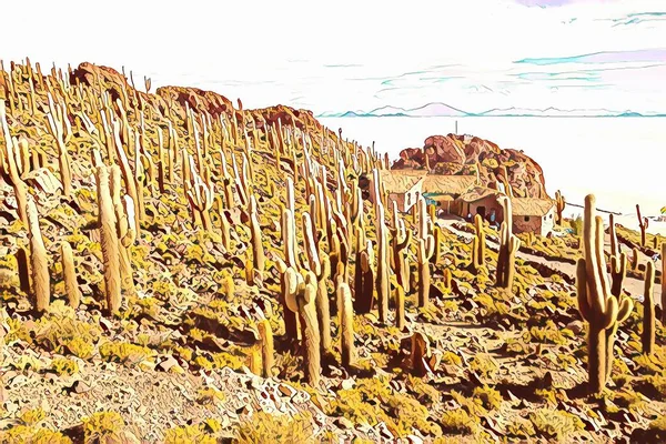 Salar Uyuni 玻利维亚Uyuni盐层岩石露头岛上的巨型仙人掌植物对着阳光蓝天或Incahuasi岛 — 图库照片