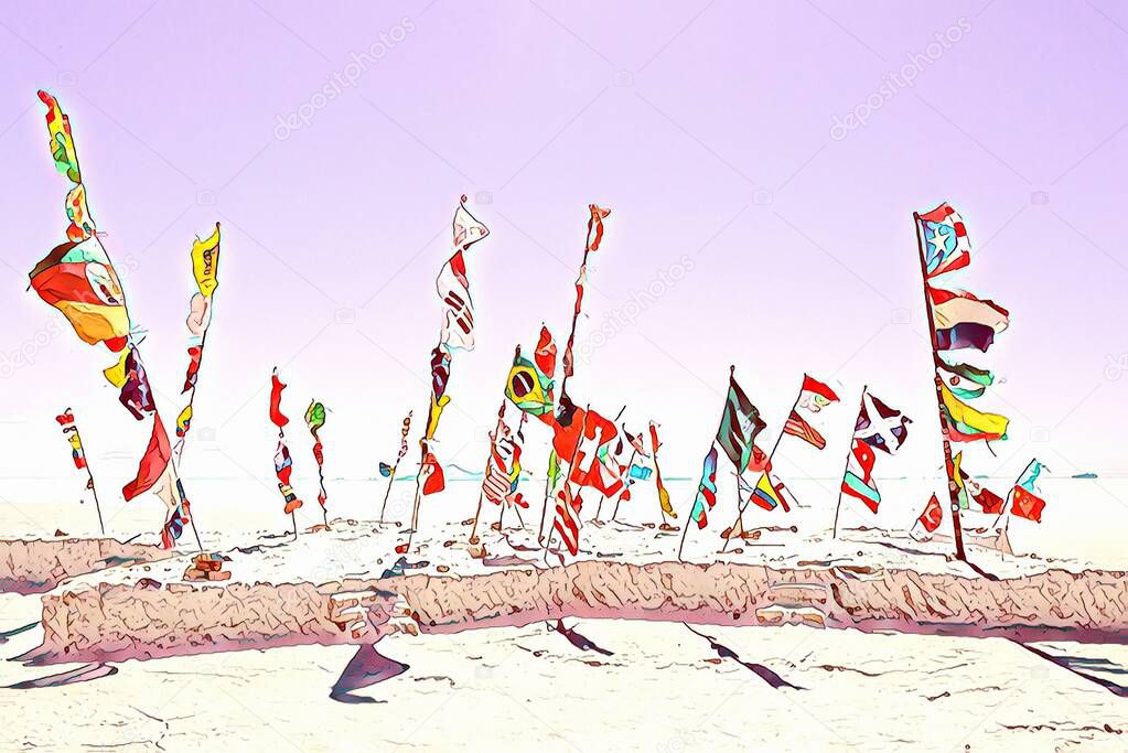 The Salar de Uyuni. Solar pedestal with different flags. Flags of different countries in Bolivia, Uyuni salt marsh, South America