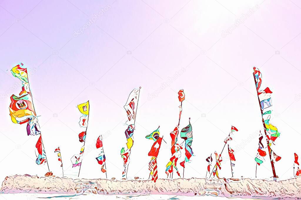 The Salar de Uyuni. Solar pedestal with different flags. Flags of different countries in Bolivia, Uyuni salt marsh, South America