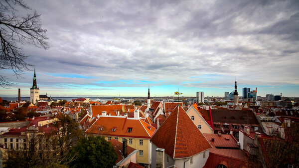 Aerial urban landscape with medieval Old town, St. Olaf's Baptist Church and Tallinn city wall, beautiful panoramic view of the city of Tallinn, Estonia