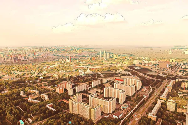 Afbeelding Zicht Stad Moskou Vanaf Hoogte Van Vogelvlucht Panorama Van — Stockfoto