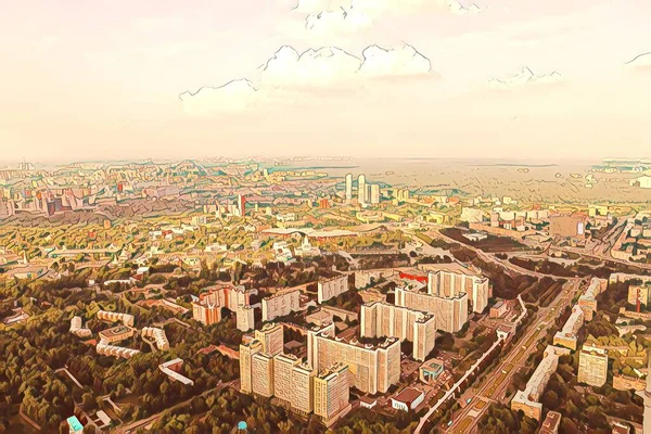 Illustration Ansicht Der Stadt Moskau Aus Der Höhe Des Vogelfluges — Stockfoto