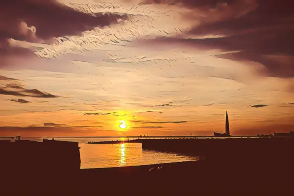 Illustration Schöner Sonnenuntergang Der Meeresküste Mit Schönen Strukturierten Wolken Schöner — Stockfoto