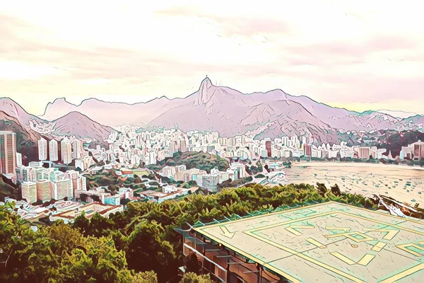Ilustração Vista Cidade Rio Janeiro Partir Montanha Sugarloaf Pôr Sol — Fotografia de Stock