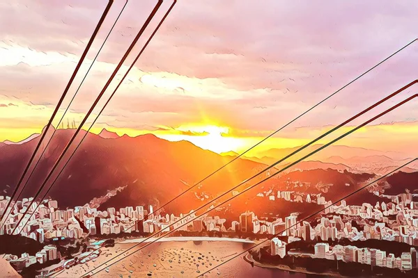 イラスト ブラジルの日没時にシュガーローフ山からリオデジャネイロの街の景色 — ストック写真