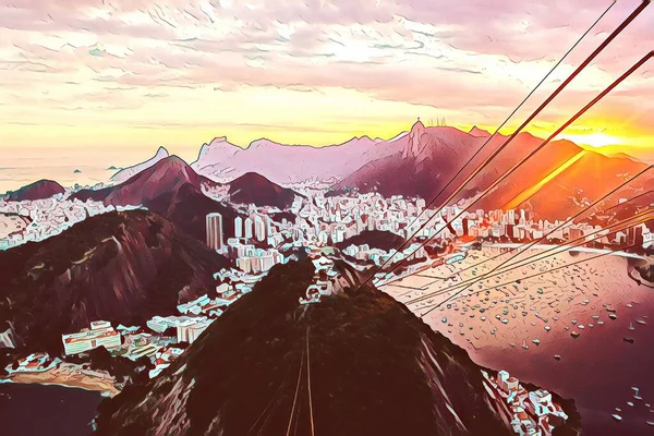 Ilustrace Pohled Město Rio Janeiro Hory Sugarloaf Při Západu Slunce — Stock fotografie