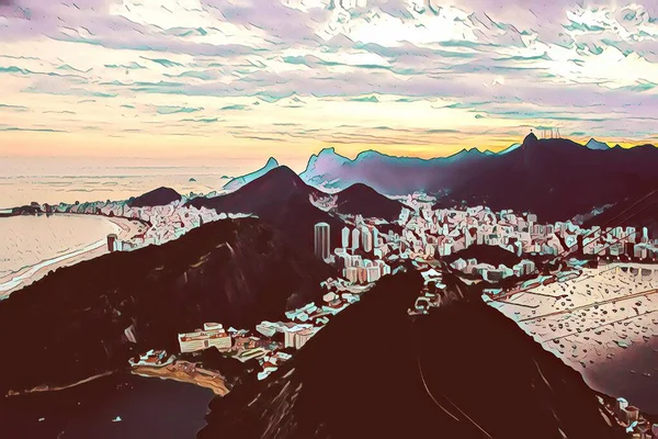 Illustrazione Veduta Della Città Rio Janeiro Dalla Montagna Sugarloaf Tramonto — Foto Stock