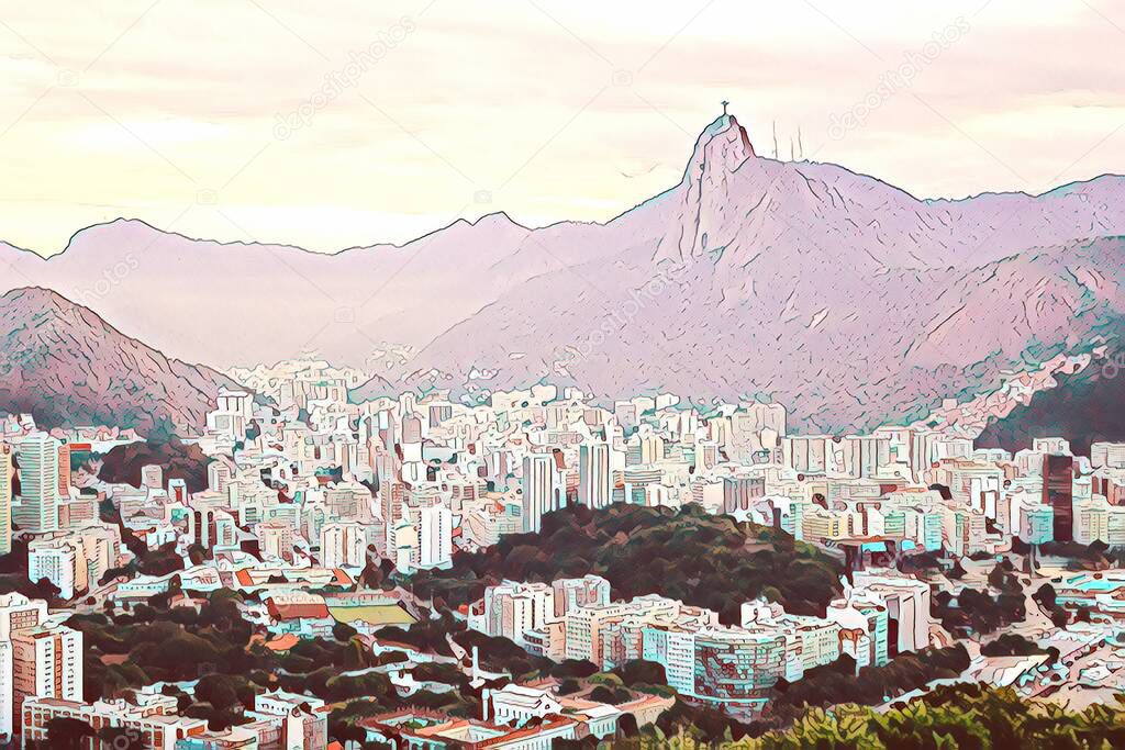 Illustration. View of the city of Rio de Janeiro from Sugarloaf mountain at sunset, Brazil