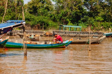 Tonle SAP, Kamboçya - Şubat 2014: Kampong Phluk köyü kuraklık döneminde. Siem Reap, Kamboçya yakınlarındaki Kamboçya köyünün sakinlerinin yaşamı ve çalışmaları