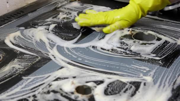 Lavagem Limpeza Fogão Gás Cerâmica Vidro Agente Limpeza Esponja — Vídeo de Stock