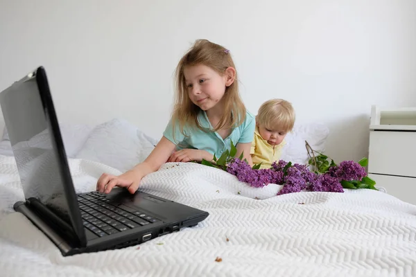 brother and sister are fighting for games on a laptop. using a computer in children