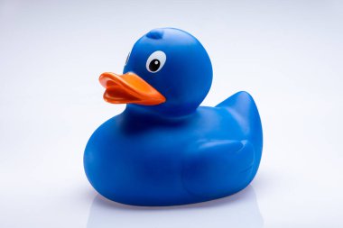 Turuncu gagalı mavi plastik ördek beyaz arka planda izole edilmiş..