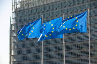 BRÜKSEL, Belçika - 4 Mayıs 2020: Avrupa Komisyonu karargahı olan Berlaymont binasının önünde rüzgarda sallanan bayraklar.