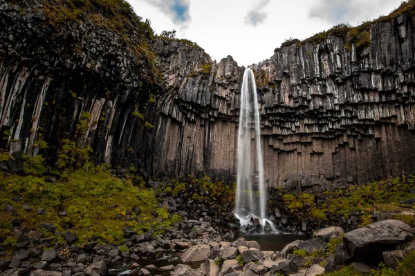 スヴァルフィトスの広い景色 アイスランド南東部のスカッタフェル国立公園の玄武岩で作られた幾何学的な岩壁の滝 滝は植生に囲まれていて — ストック写真