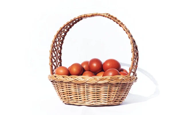 Brown Easter Eggs Lie Wicker Basket White Background Easter — Stock Photo, Image