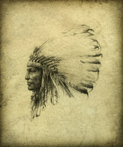 Bleistift Porträt Eines Indianerhäuptlings — Stockfoto