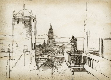 Eski bir kasabanın çizimi, kağıt üzerinde mürekkep..