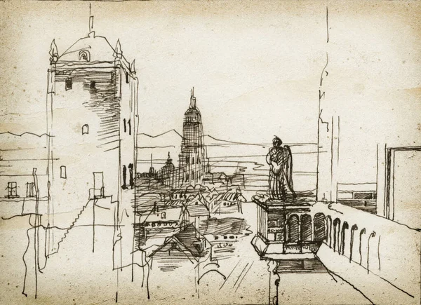 Ескіз Старого Міста Чорнило Папері — стокове фото