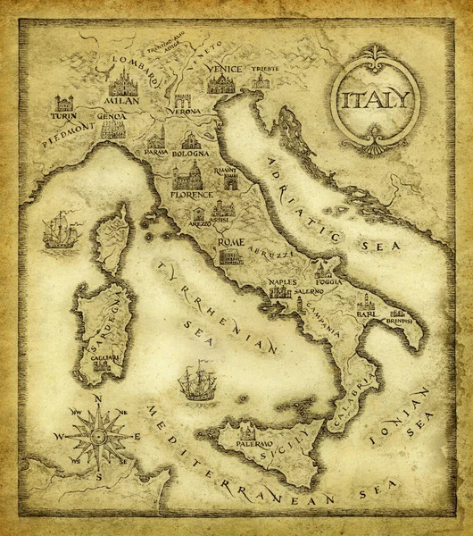 Mappa Antiquata Dell Italia Inchiostro Carta — Foto Stock