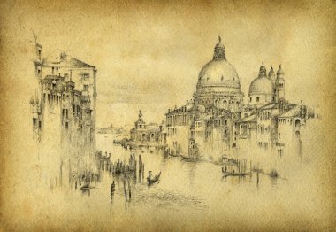 Kanal Grande, Venedik 'in el yapımı çizimi, kağıt üzerine kalem..