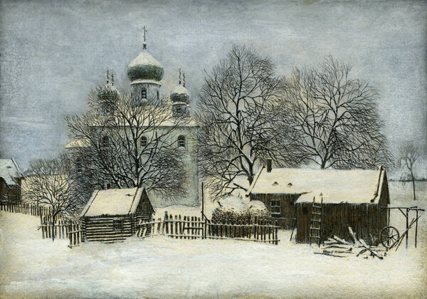 Russian winter landscape with an old Orthodox church and rural houses.