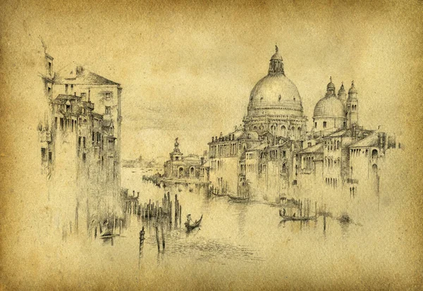 威尼斯格朗德运河手工绘图 铅笔在纸上 — 图库照片