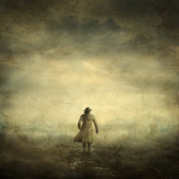 Одинокий Незнакомец Идущий Туманной Пустоши Акрил Бумаге Акрил Бумаге Манипуляция — стоковое фото