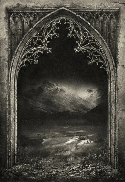 Classic Gothic Frame Gloomy Landscape Acrylic Paper Photo Manipulation — Stock Photo, Image