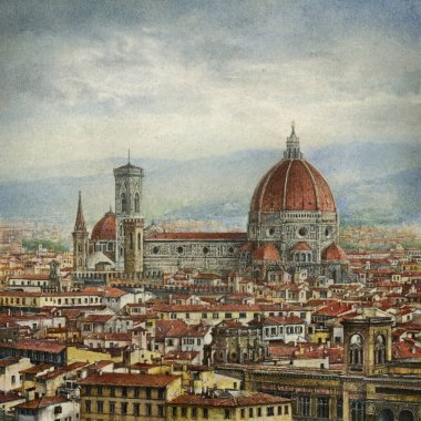 Santa Maria del Fiore 'un panoramik manzarası, Floransa, İtalya, kağıt üzerinde akrilik.