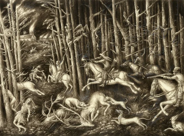 Сюрреалістична Дивна Середньовічна Сцена Полювання Папір Акрил — стокове фото