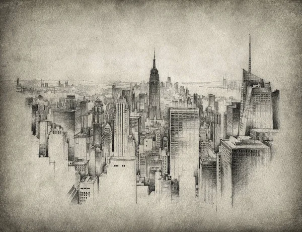 Ручной Рисунок Высоких Зданий Манхэттена Нью Йорк Карандаш Бумаге Слегка — стоковое фото