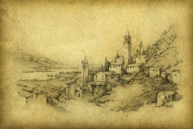 Eski moda İtalyan manzarası, kağıt üzerinde kalem, biraz düzenlenmiş..