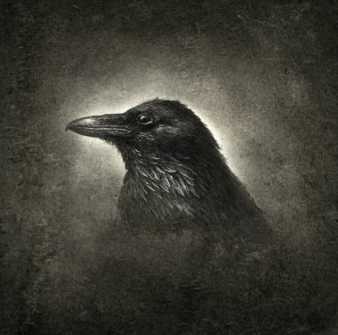 Handmade painting of a raven's head, acrylic on paper and editing. clipart