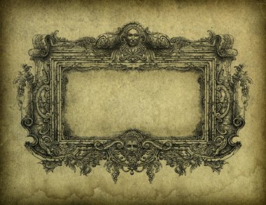 Zengin dekore edilmiş barok çerçeve, kağıt üzerine mürekkep, biraz düzenlenmiş..