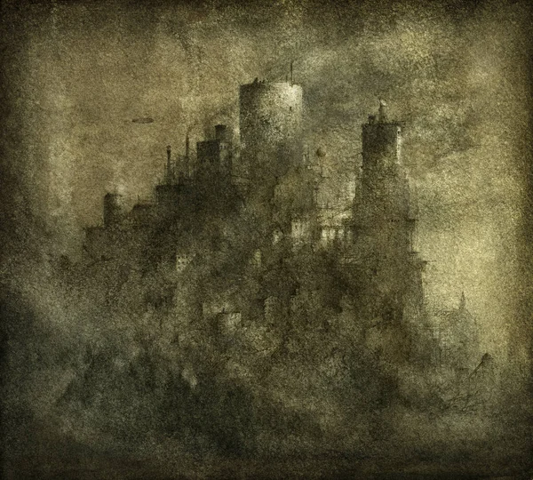 Zamek Fantazji Ręcznie Robiony Szkic Akrylowy Papierze Teksturowanym — Zdjęcie stockowe