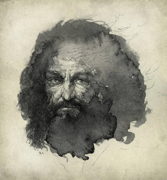 髭の男の肖像画のスケッチ 紙の上のインク洗浄 — ストック写真