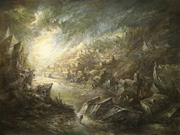 Harabe bir şehrin kıyametsel görüntüsü, kağıt üzerinde akrilik.