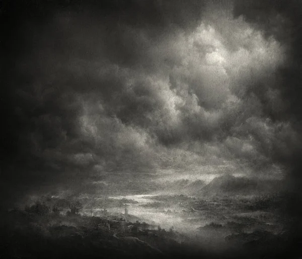 Dark Cloudy Landscape Acrylic Paper Photo Manipulation — Stock Photo, Image