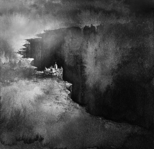 Fantasy landscape with a small building on the edge of a huge dark abyss, ink on paper, slightly edited.