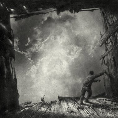 Allegorical scene, a man standing in a ruined wooden building and looking on the dramatic cloudy sky, acrylic on paper and photo manipulation. clipart
