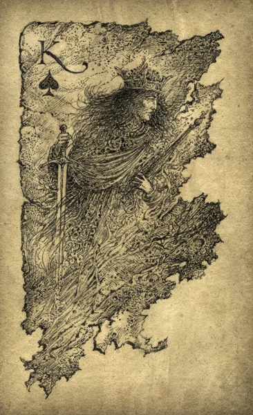 Поврежденная Игральная Карта Король Пик Чернила Бумаге — стоковое фото