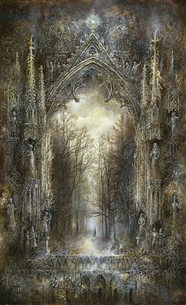 Detail Schilderij Een Mix Van Een Fantasie Gotische Architectuur Bomen — Stockfoto