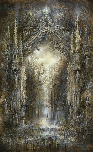Detailed painting, a mix of a fantasy gothic architecture and trees, acrylic on paper.