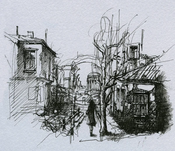Rough Sketch Small Town Ink Paper — Stock Photo, Image