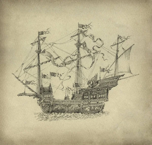 Παλιομοδίτικο Λεπτομερές Σχέδιο Ενός Φανταστικού Ιστιοπλοϊκού Σκάφους Μελάνι Χαρτί Ελαφρώς — Φωτογραφία Αρχείου