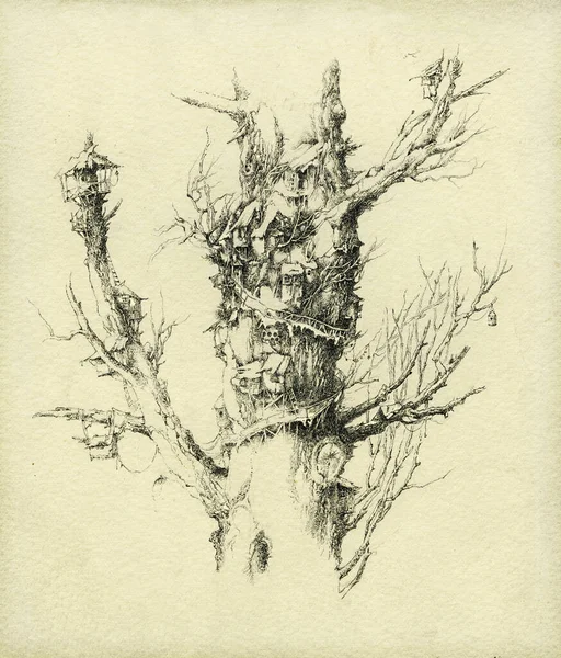 Rysunek Drzewa Fantazji Malutkimi Domkami Atrament Papierze — Zdjęcie stockowe