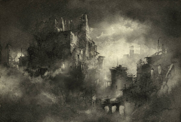  эскиз старых разрушенных зданий, чернильная мойка на бумаге
.