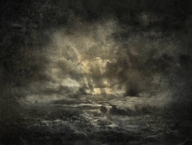 Fırtınalı bir denizin grunge görüntüsü, kağıt üzerinde akrilik ve fotoğraf manipülasyonu.