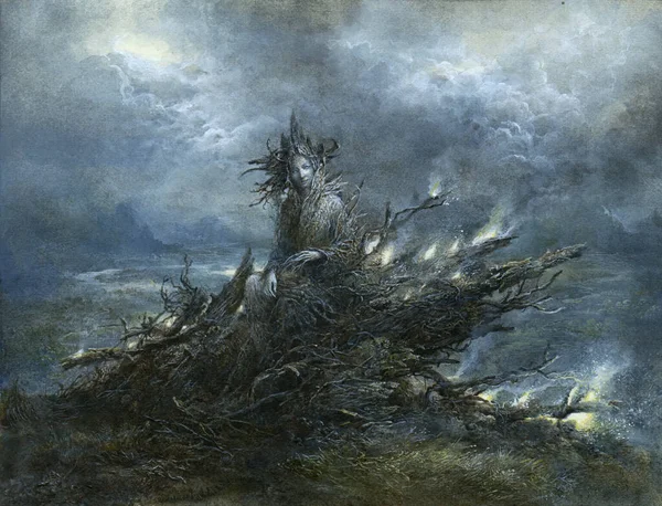 Dryad, insan benzeri yaratık yanan bir ağaçta oturuyor, kağıt üzerinde akrilik..