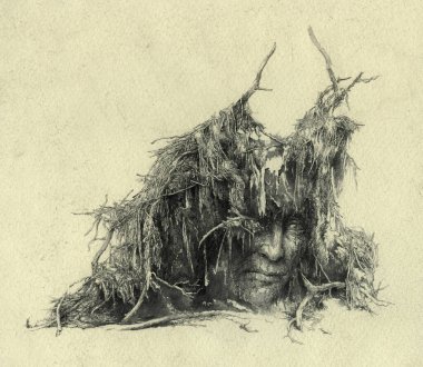 Devrilen ağacın ruhu. Köklerinin altında üzgün insan yüzü.